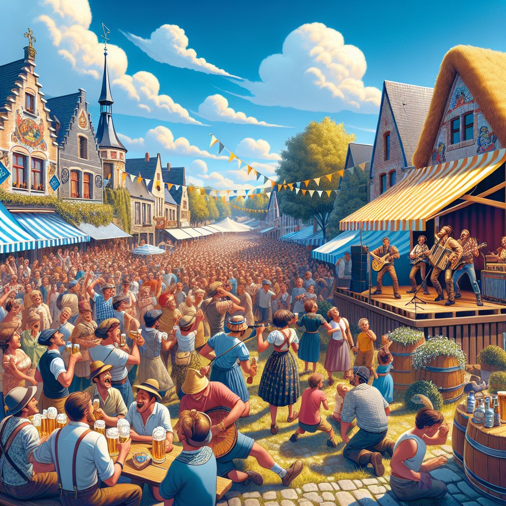 Scène animée d'un événement culturel en Wallonie, avec un festival en plein air et des visiteurs enthousiastes.