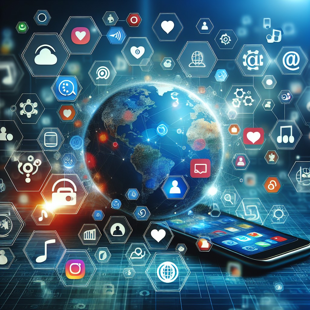 Couvercle de l'article montrant des icônes de réseaux sociaux flottantes sur un fond numérique