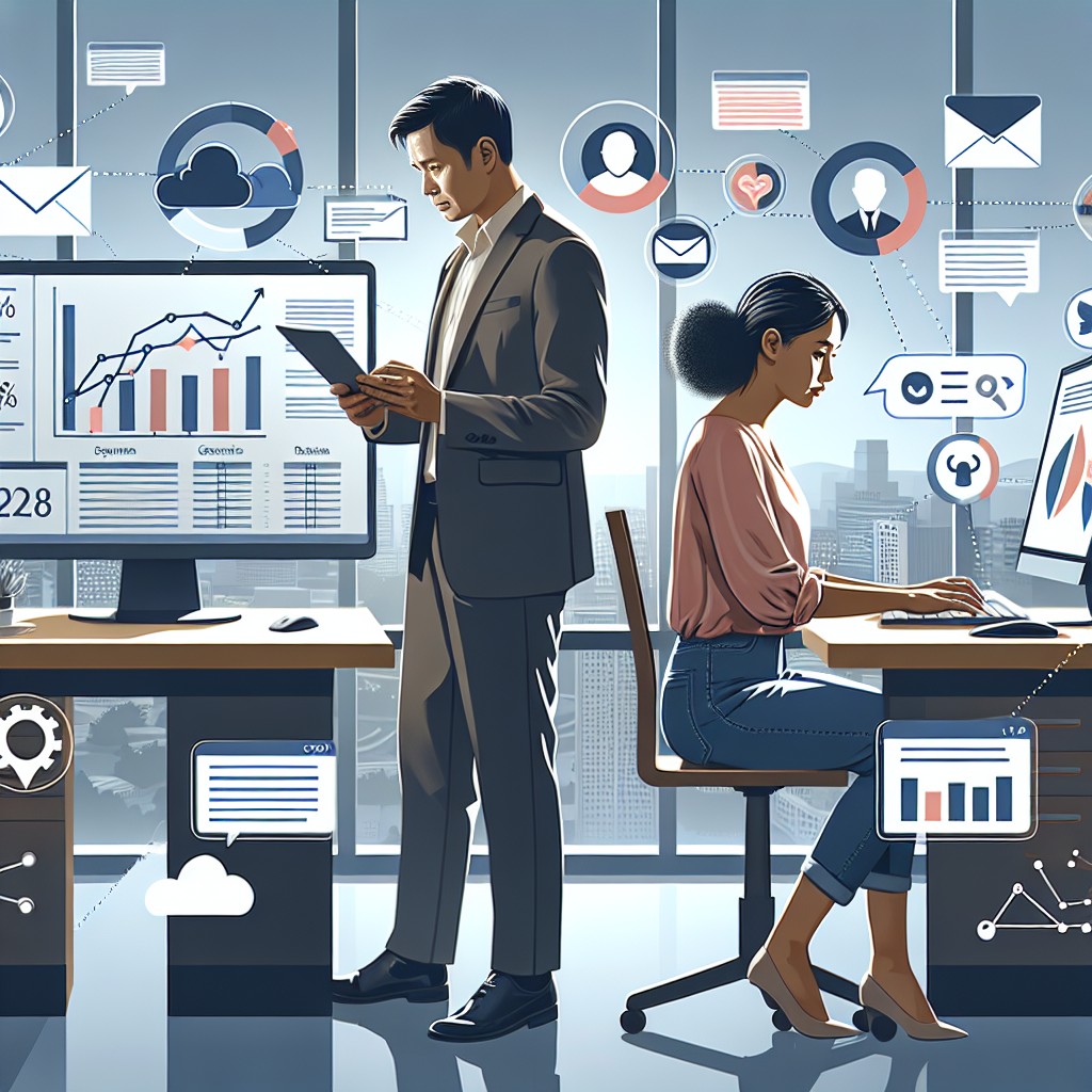 Illustration d'une PME utilisant l'email marketing sur un ordinateur, entourée de données analytiques et d'icônes de communication.