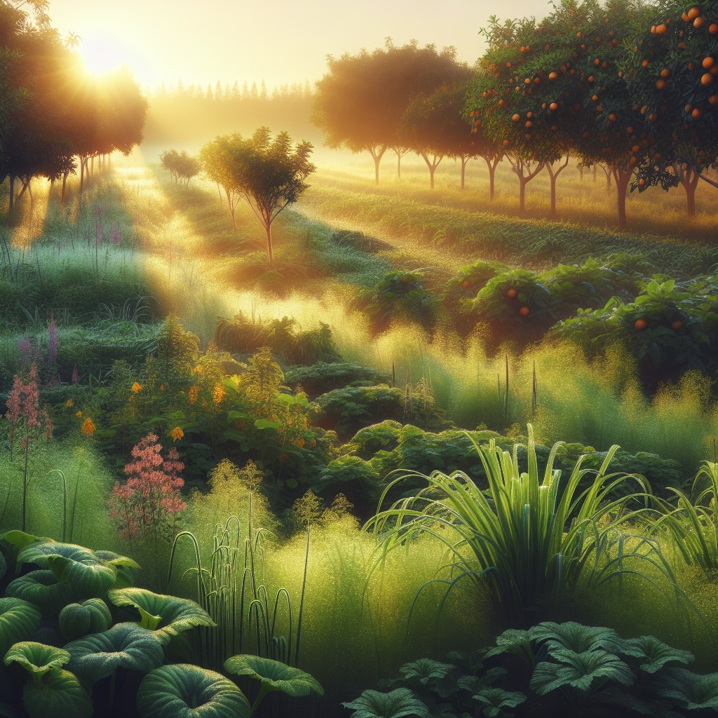 Un champ fertile illustrant une harmonie entre agriculture et écologie, baigné par le soleil levant.
