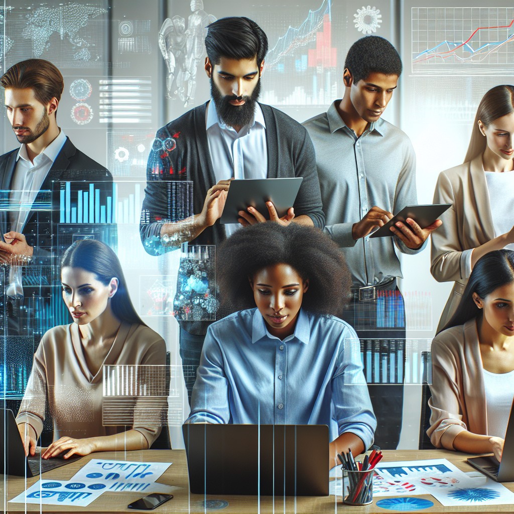 Une entreprise en pleine transformation numérique, avec des employés collaborant devant des écrans et des graphiques représentant la croissance et l'efficacité.