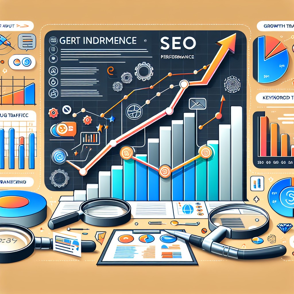 Image de couverture montrant des graphiques de performance SEO avec des indicateurs de croissance et des outils analytiques.