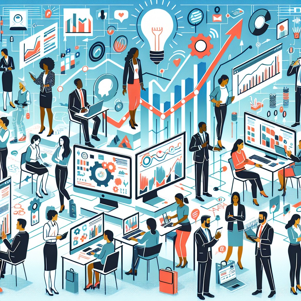 Illustration d'entreprises prenant part à la transformation numérique avec des éléments comme des ordinateurs, smartphones, et graphiques de croissance.