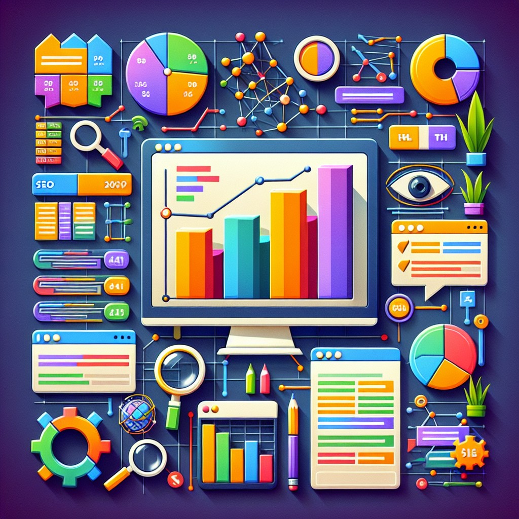 Image représentant diverses stratégies de SEO, incluant des graphiques de performance, des mots-clés et des éléments techniques de site web.