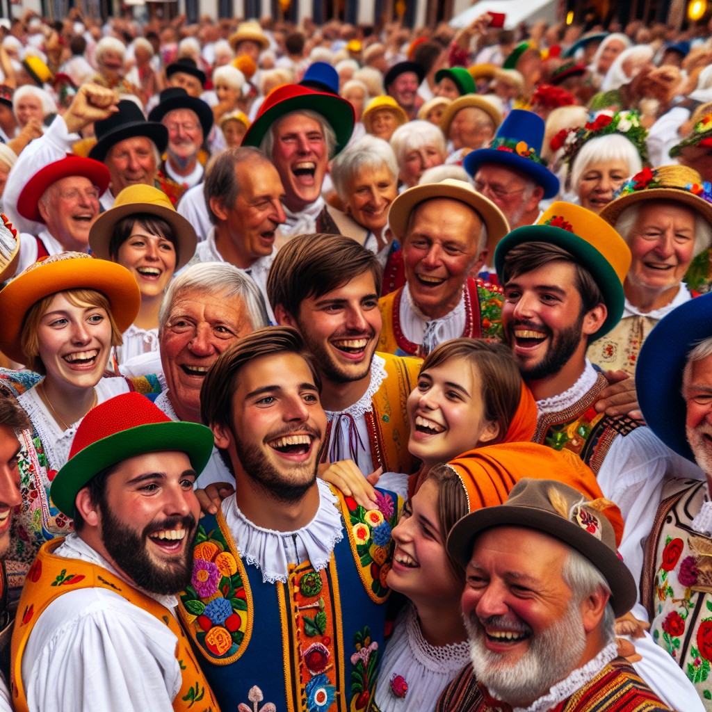 Célébration animée lors d'une fête folklorique en Wallonie avec costumes traditionnels colorés et joie partagée.