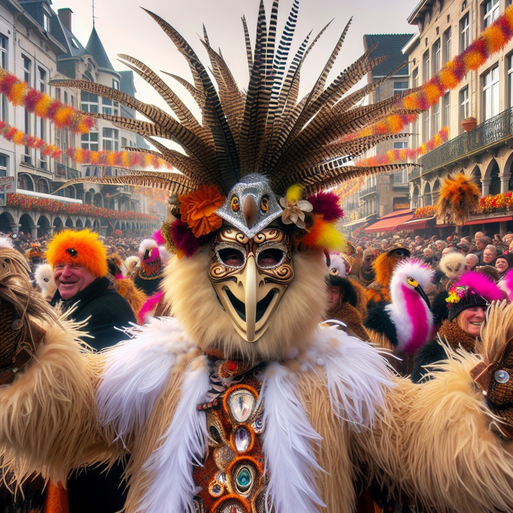 Célébrations festives en Wallonie: Carnaval de Binche avec Gilles en costume flamboyant.