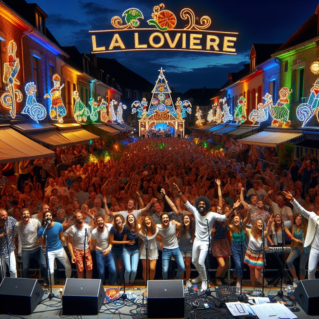 Scène festive animée lors des Fêtes de Wallonie à La Louvière, avec foule enjouée, illuminations nocturnes et artistes sur scène.