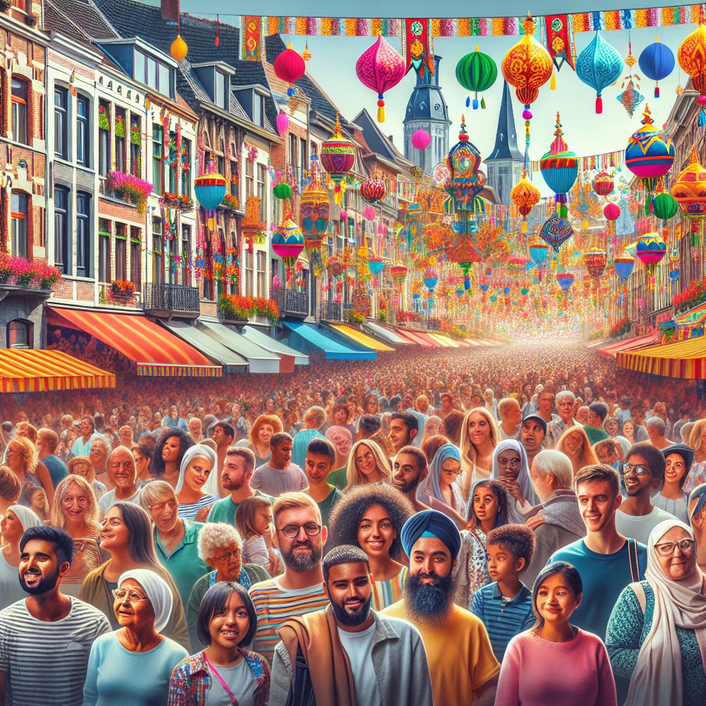 Scène animée des Fêtes de Wallonie à Charleroi avec foule joyeuse et décor festif