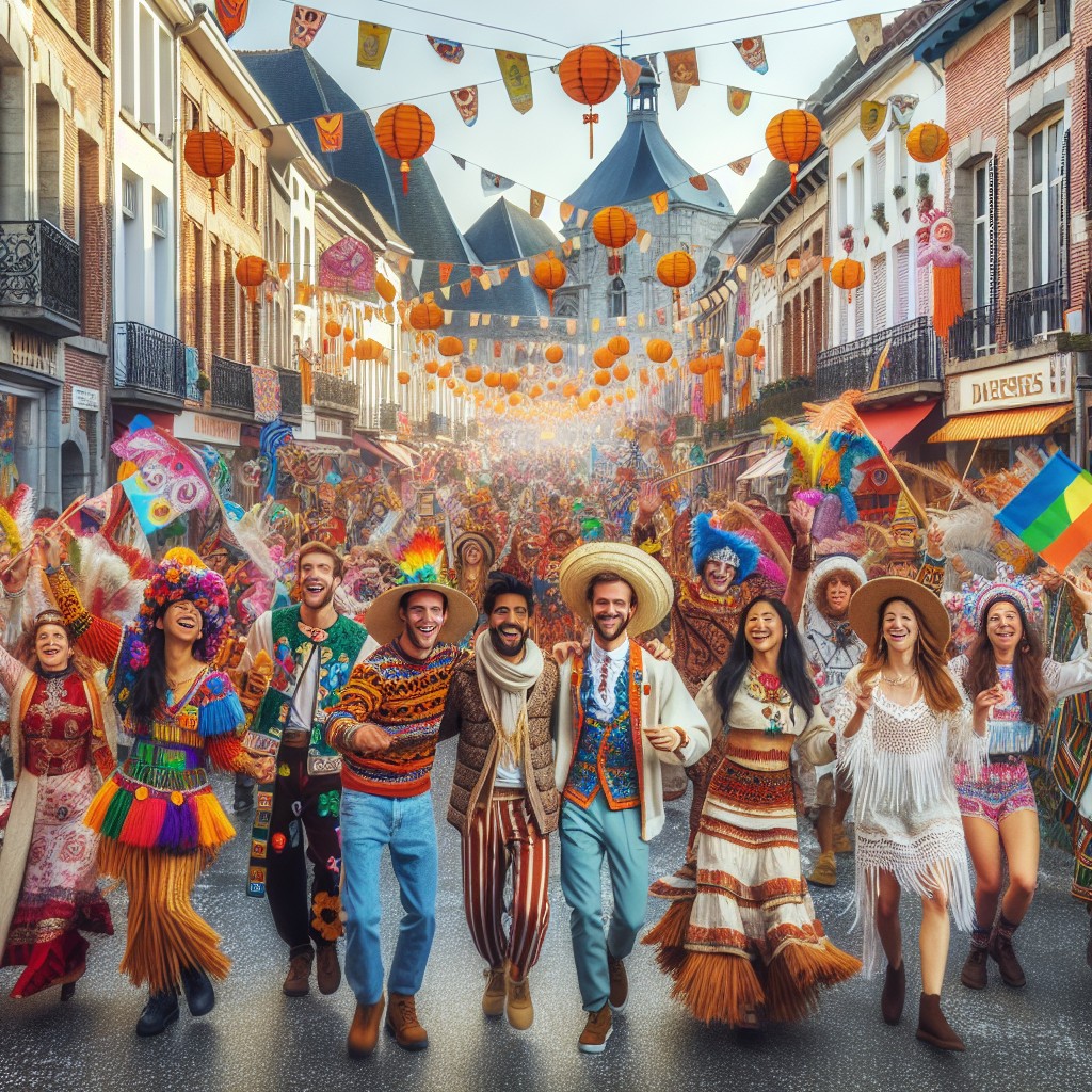 Une scène festive en Wallonie avec des carnavaliers en costume coloré, défilant joyeusement dans une rue ornée d'étendards et de décorations.