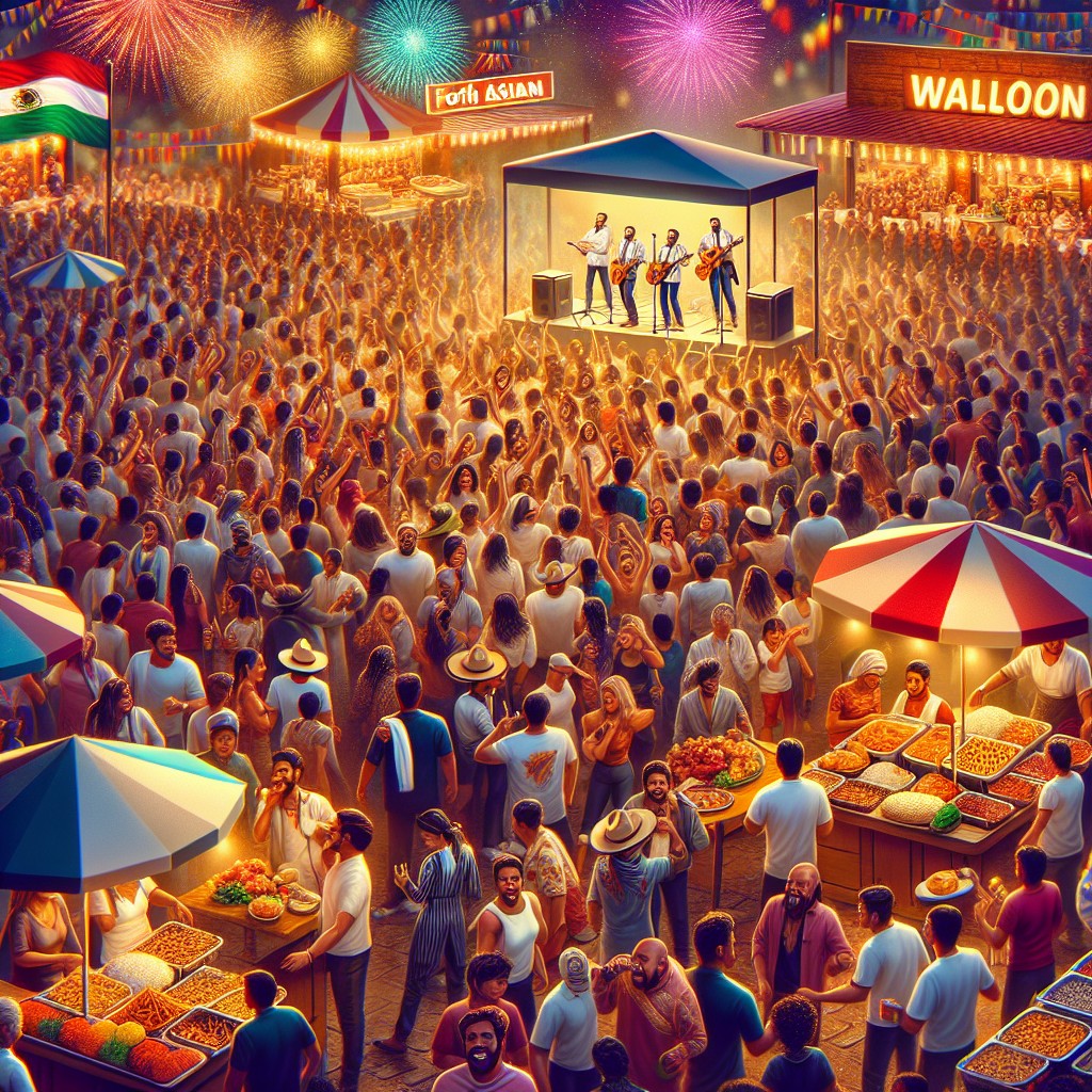 Vue dynamique de la foule colorée lors des Fêtes Wallonnes, entourée de stands food, musique live, et feux d'artifice illuminant le ciel.