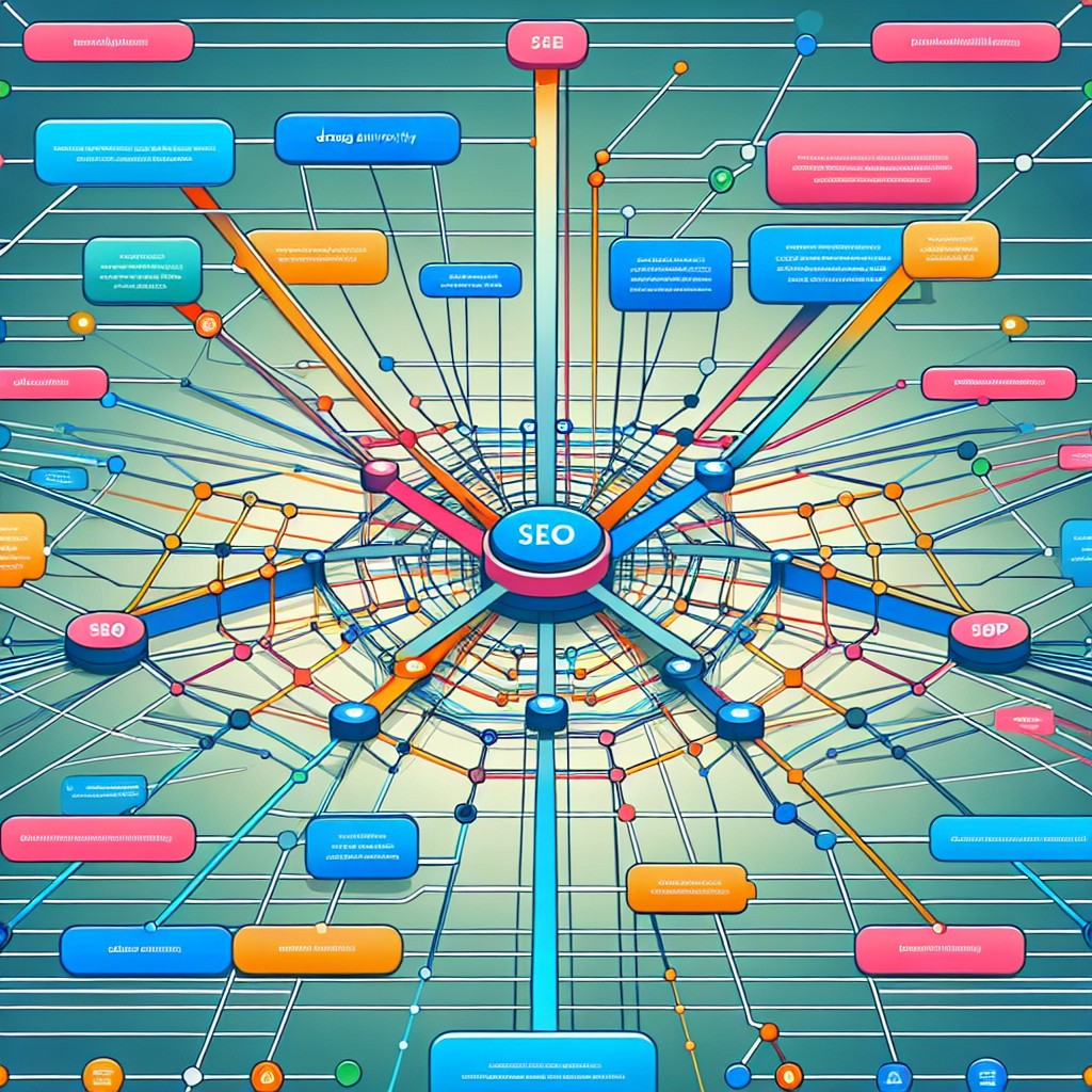 Illustration d'un réseau complexe de liens représentant des backlinks optimisant le SEO d'un site web