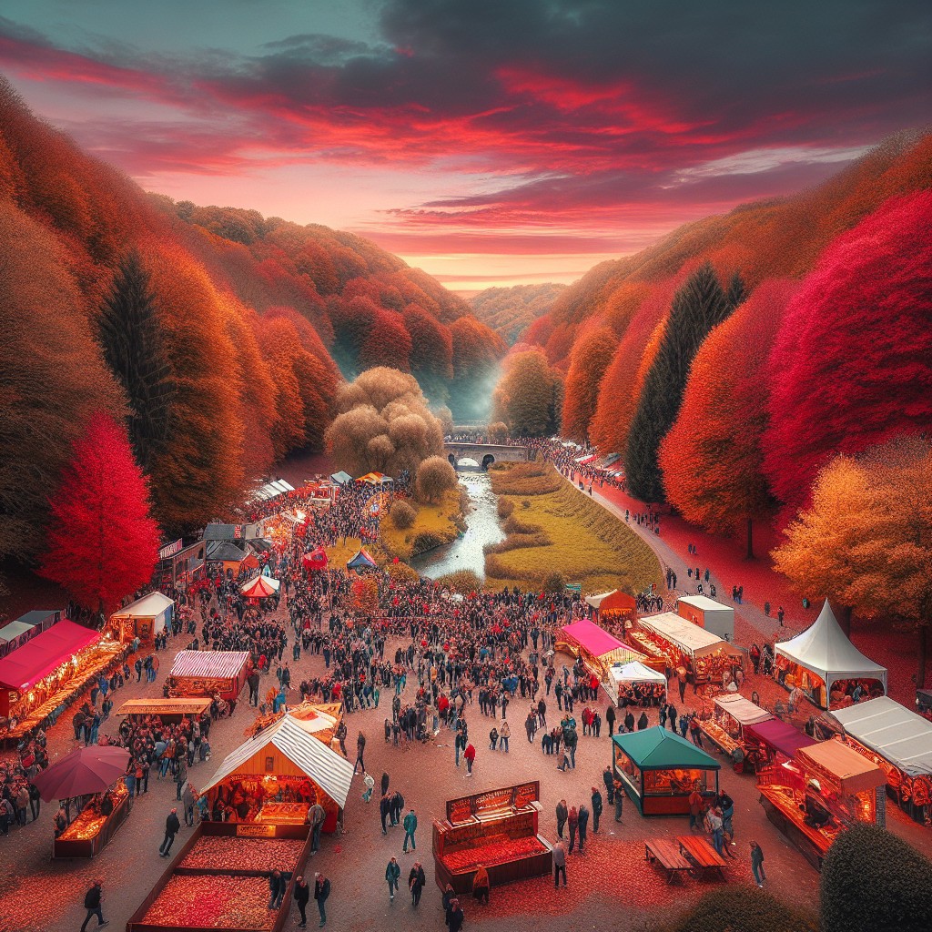 Vue pittoresque d'un festival en Wallonie, entouré de paysages automnaux vibrants.