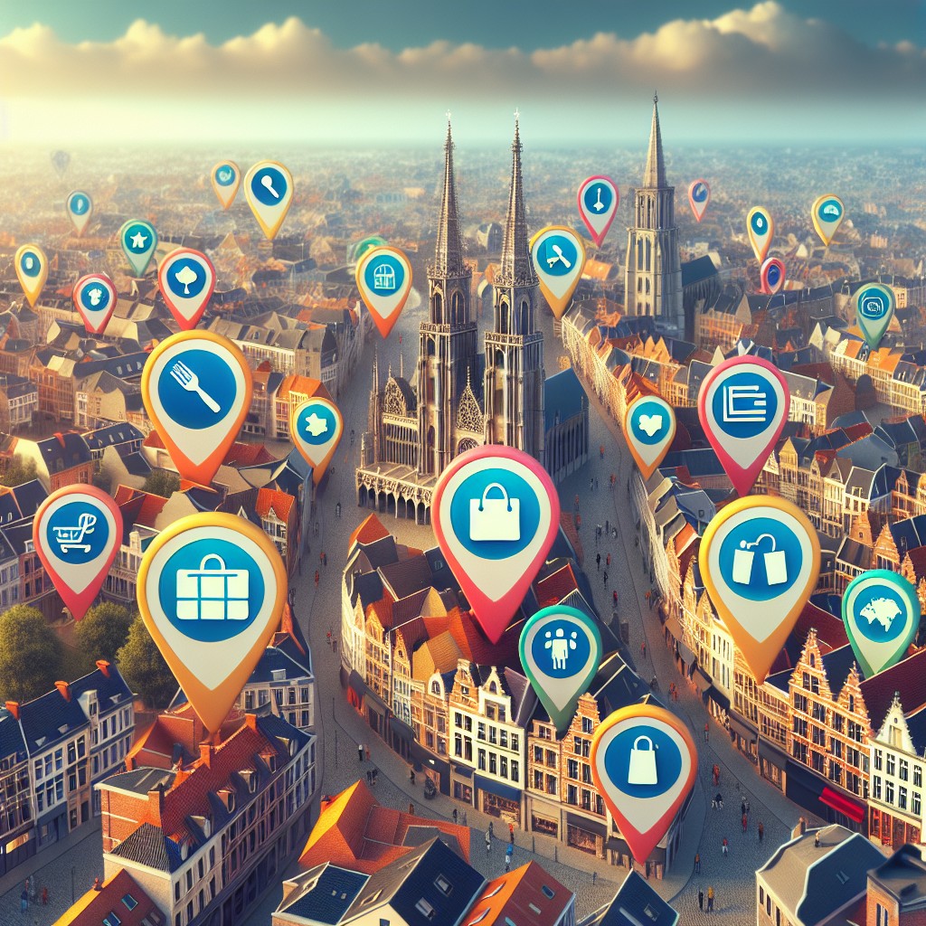 Vue d'une ville belge avec des icônes de localisation sur divers commerces, représentant le référencement local.