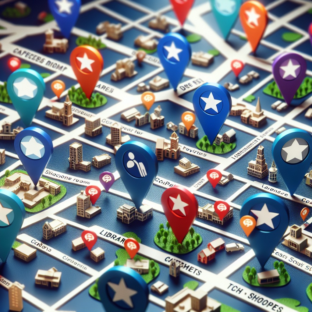 Alt text: Une carte locale indiquant des entreprises de divers secteurs avec des épingles et des avis clients, illustrant l'importance du référencement local.