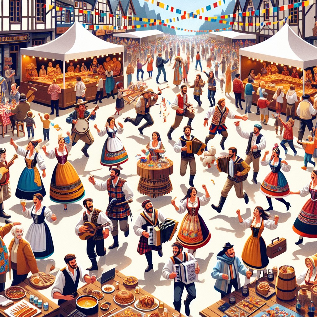 Scène festive en Wallonie avec des costumes traditionnels et attractions de festival.