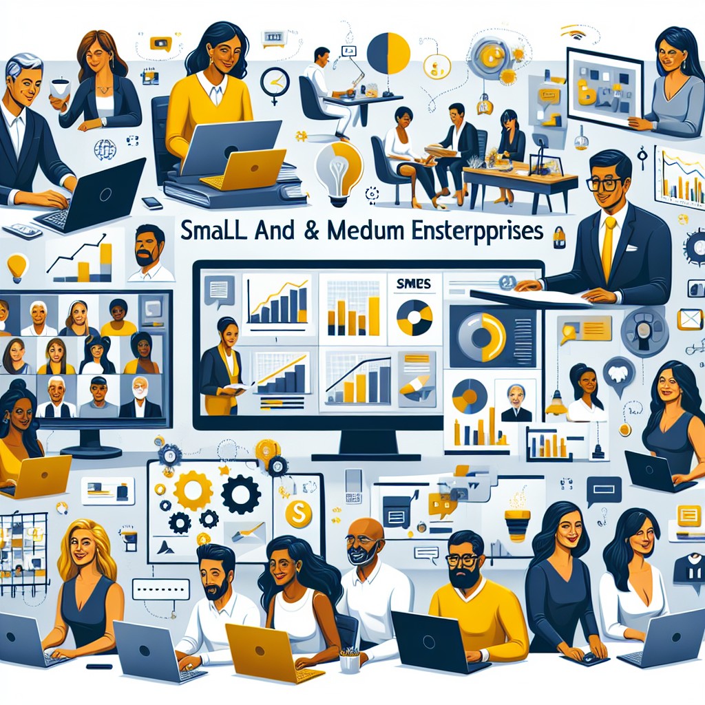 Illustration représentant des PME utilisant divers outils de marketing digital.