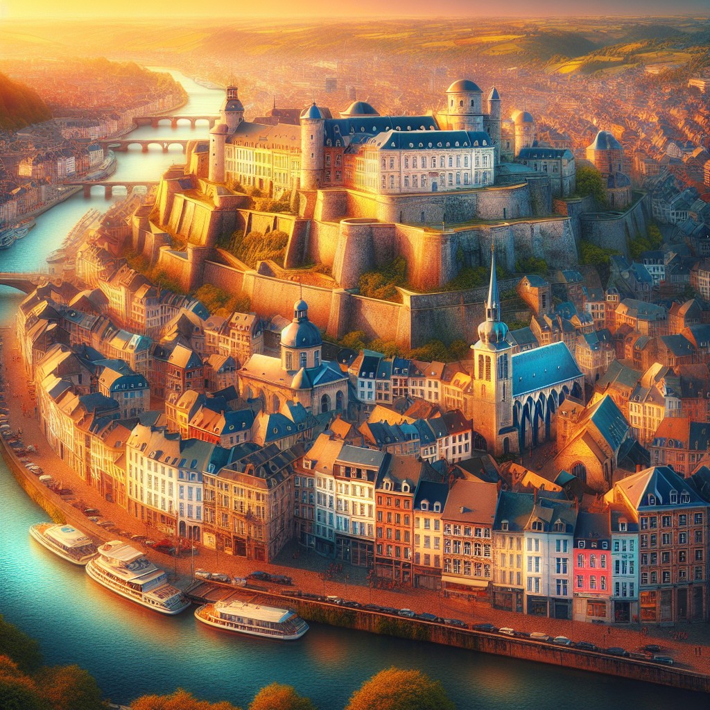 Vibrant panorama de la ville historique de Namur avec sa citadelle et la Meuse.