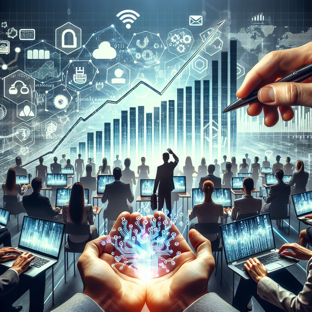 Une image symbolisant la digitalisation en entreprise, avec des graphs de croissance et des icônes numériques