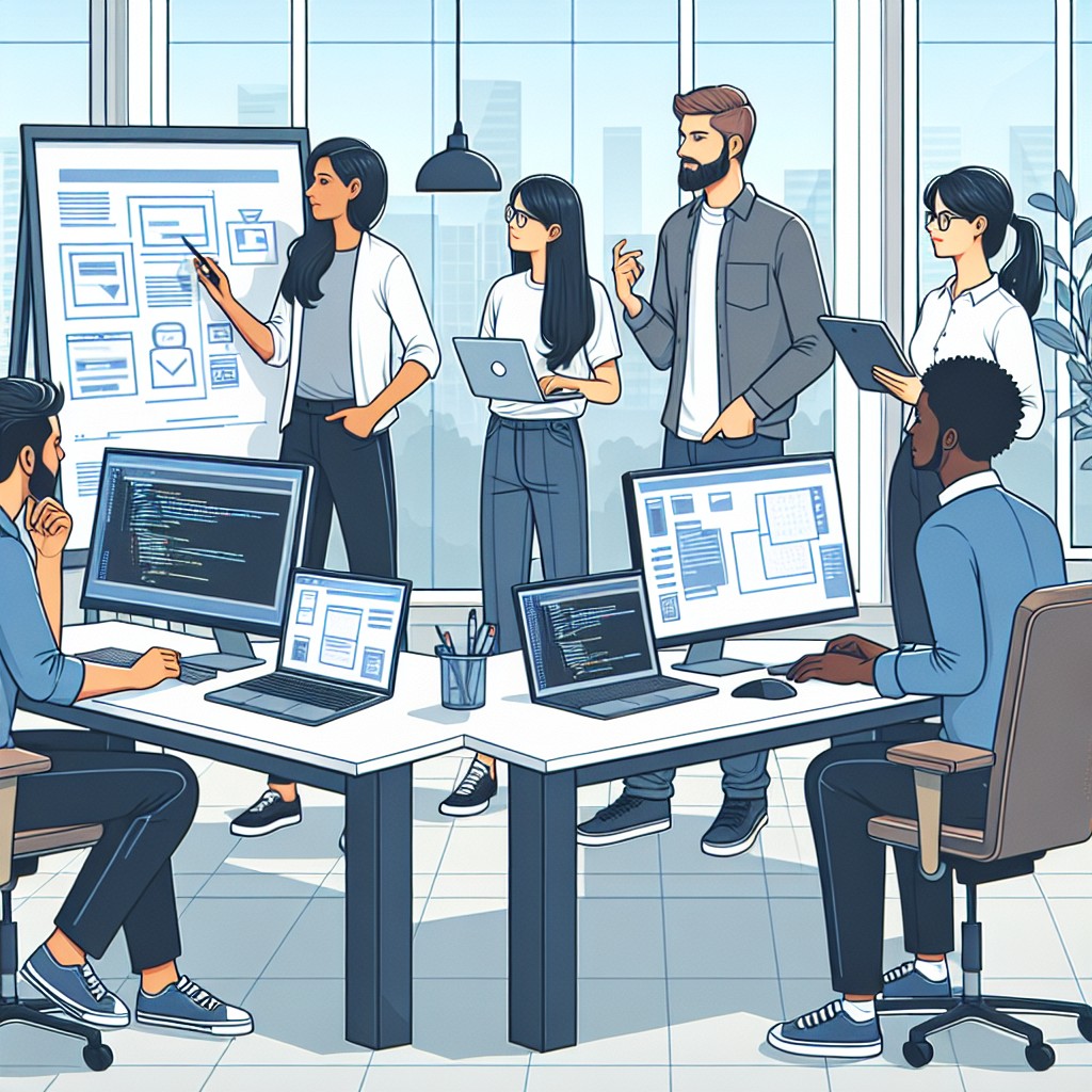 Illustration d'une équipe professionnelle collaborant sur un projet de développement web