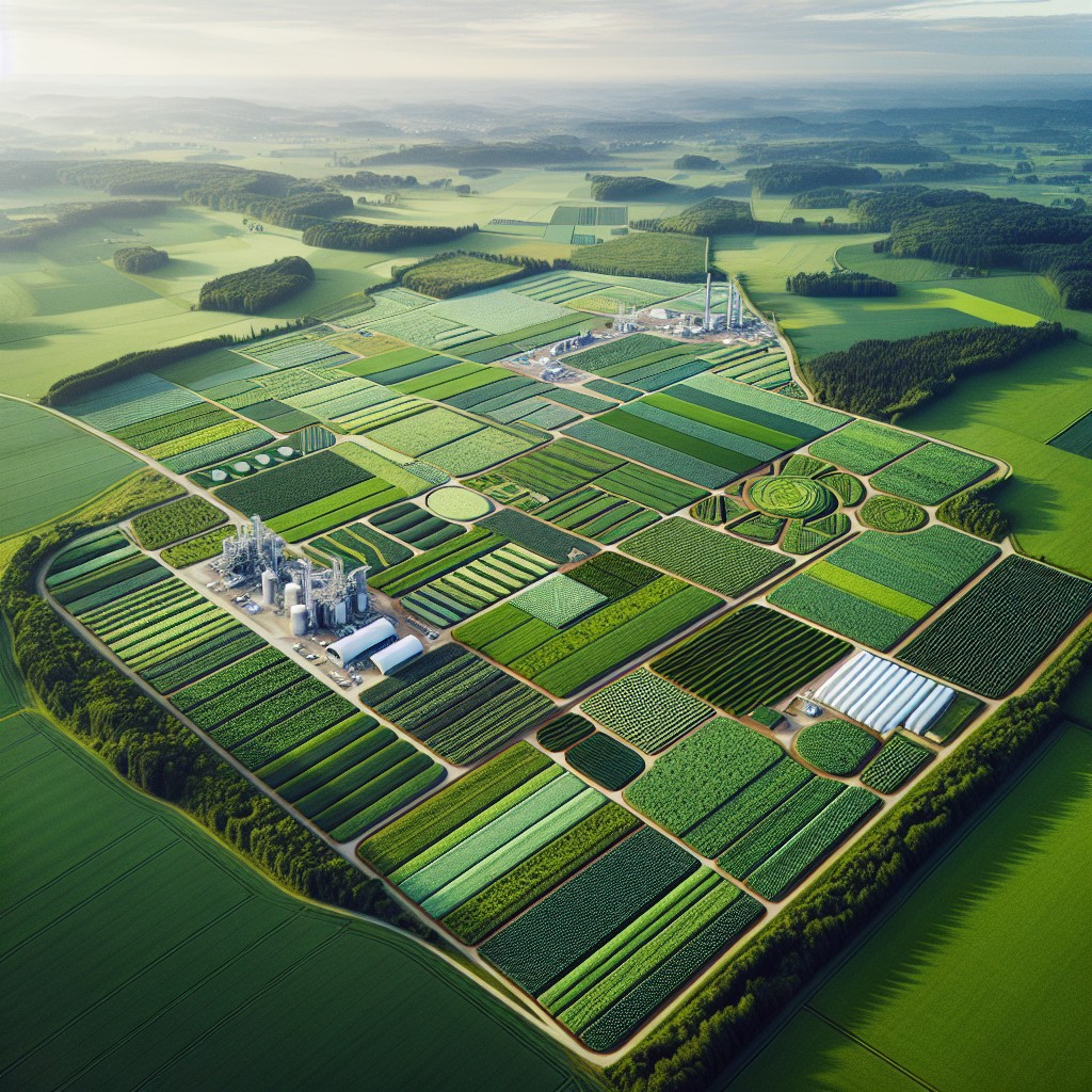 Une vue aérienne d'un paysage agricole en Wallonie, avec des cultures entourées de zones vertes luxuriantes, illustrant l'harmonie entre innovation technologique et nature.