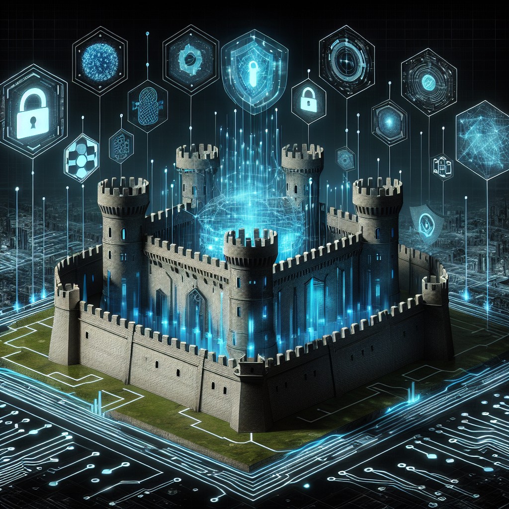 Une représentation graphique d'une forteresse numérique avec des éléments technologiques intégrés, symbolisant la défense cybersécuritaire en Wallonie.