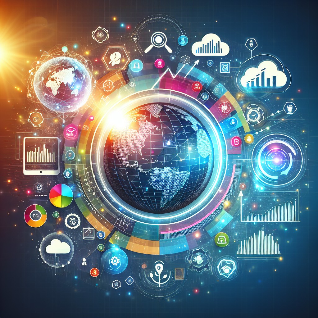 Une illustration symbolisant la transformation digitale d'une entreprise, intégrant des éléments comme un globe numérique, des graphes de croissance, et des icônes technologiques.