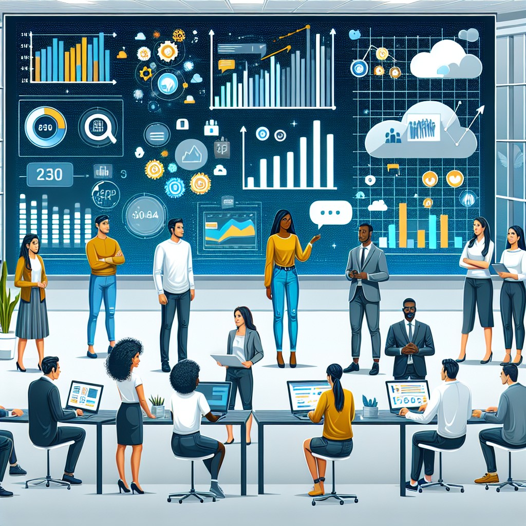Illustration de PME intégrant des technologies innovantes, avec des éléments de données et de croissance.