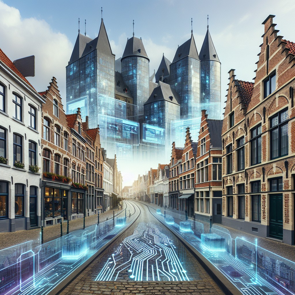 Image d'un paysage urbain belge avec des éléments numériques intégrés, symbolisant l'essor technologique.