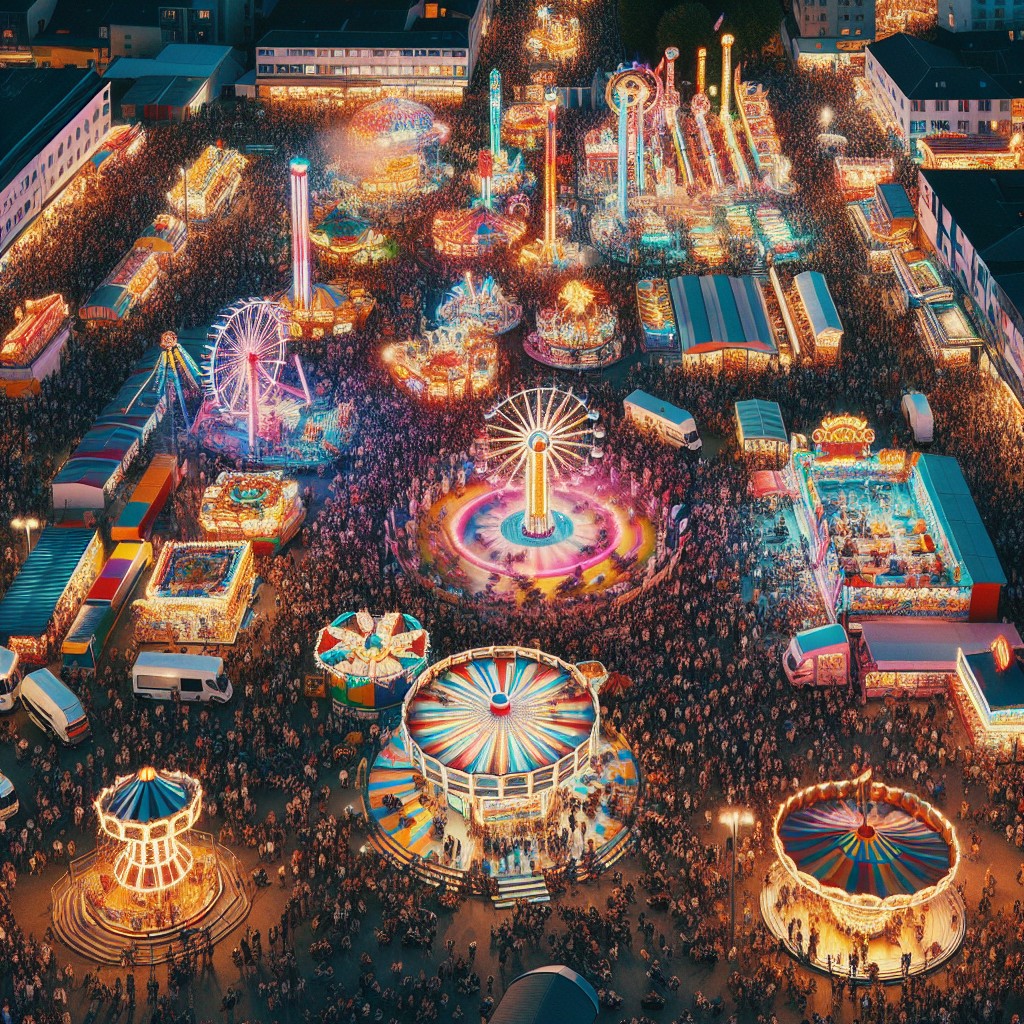 Vue aérienne d'une fête foraine en Wallonie avec manèges illuminés et foule joyeuse.