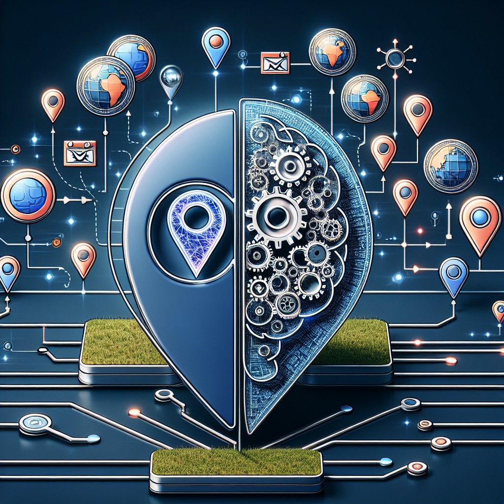 Une illustration montrant l'interaction harmonieuse entre les technologies de SEO local et d'IA, avec des icônes représentatives de localisation et d'intelligence artificielle.