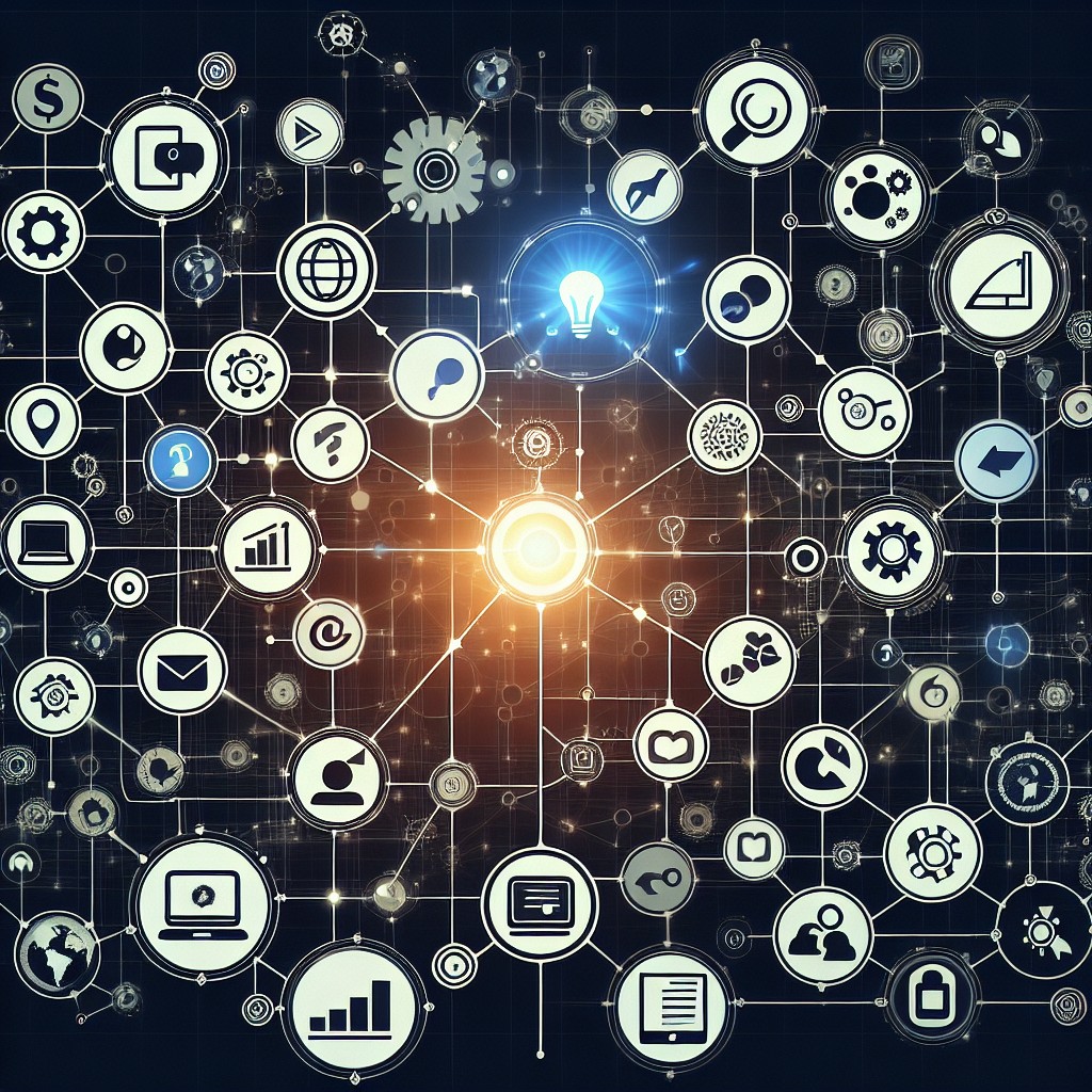 Image représentant diverses stratégies digitales interconnectées, symbolisant l'engagement client et l'optimisation en ligne.