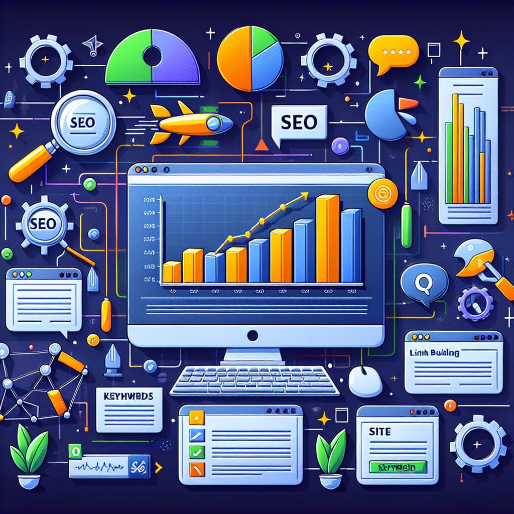 Une illustration représentant une stratégie de SEO avec des éléments tels que des mots-clés, des graphiques de performances, et des outils de SEO.