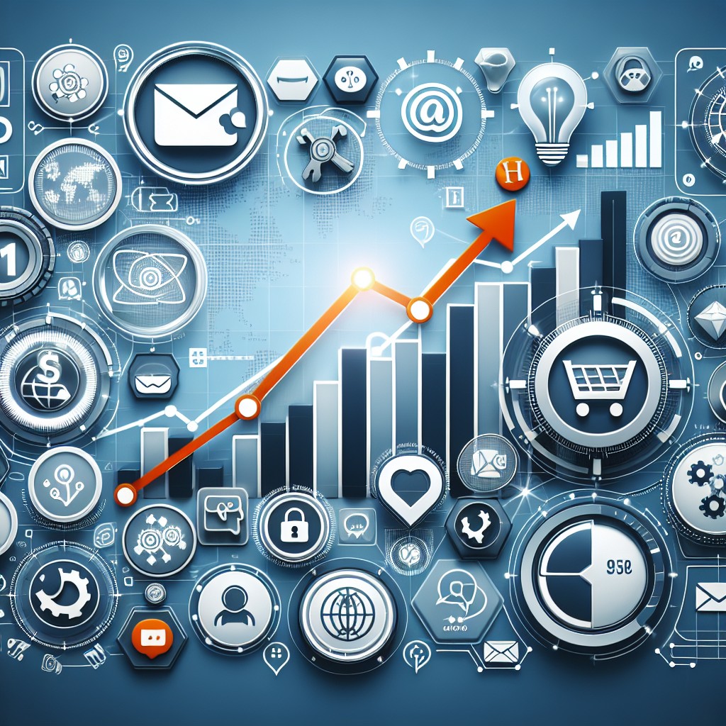 Couverture représentant des icônes de marketing digital, des graphiques de croissance et une interface utilisateur moderne.