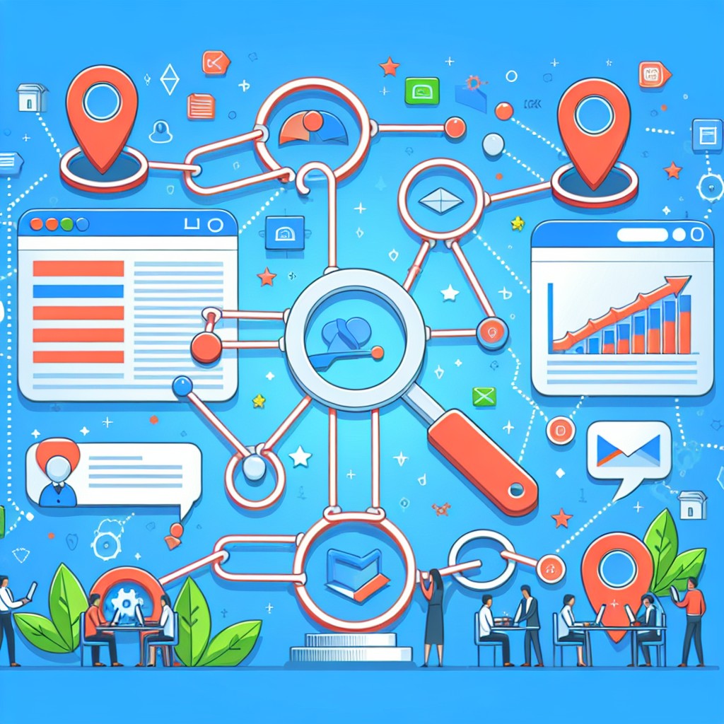 Illustration d'une stratégie de netlinking efficace, montrant des liens se connectant à un site web avec une montée en classement SEO.
