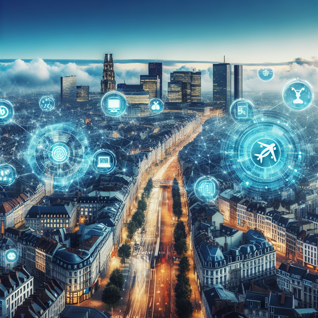 Vue aérienne de Bruxelles avec des icônes technologiques en surimpression, symbolisant l'innovation touristique.