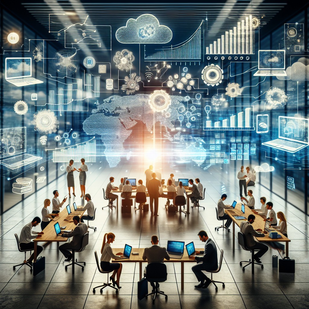 Une image illustrant la transformation numérique d'une PME, avec des graphiques de croissance et des outils digitaux.