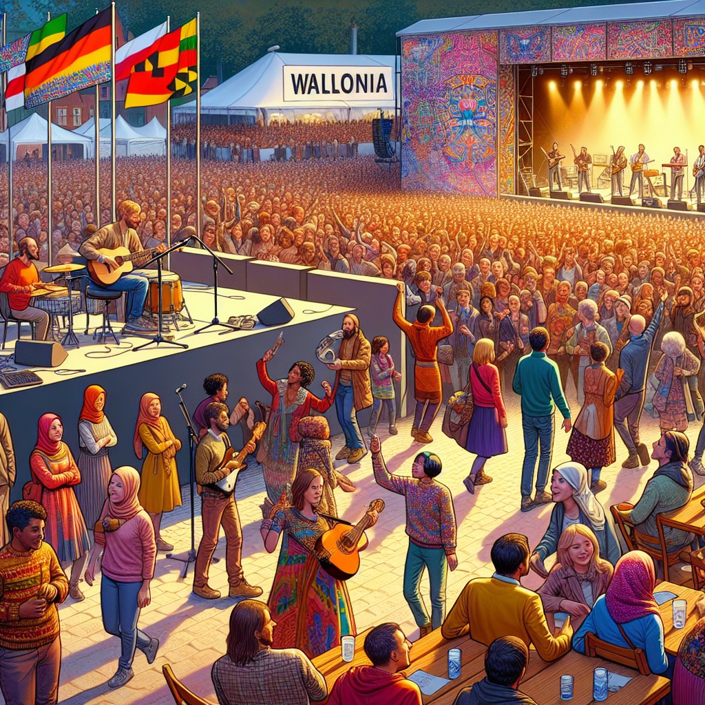 Une vue animée du Festival Novembre 2024 en Wallonie avec des festivaliers appréciant des performances musicales et des expositions artistiques.