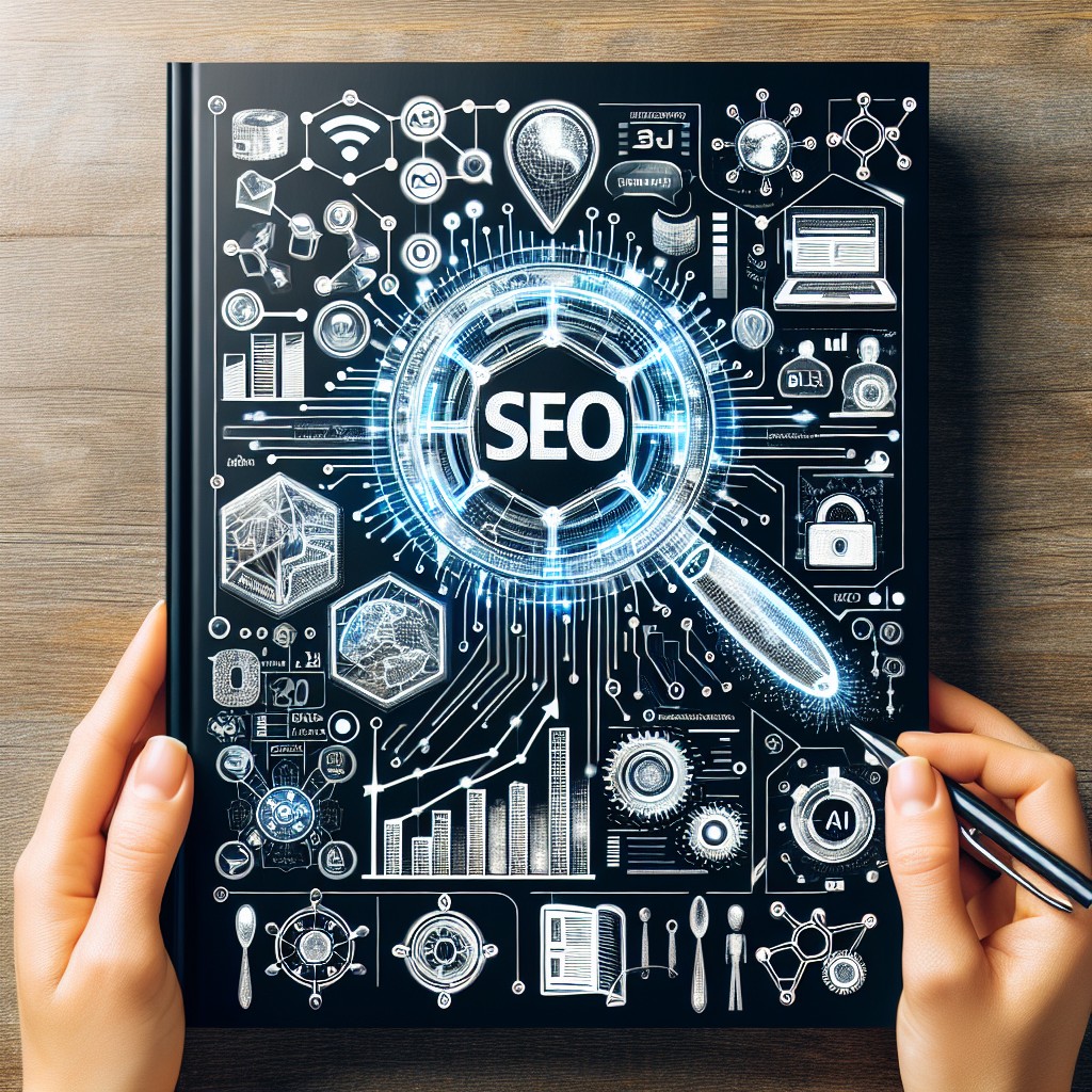 Couverture illustrant les tendances et stratégies SEO en 2024 avec des éléments visuels modernes et technologies innovantes.