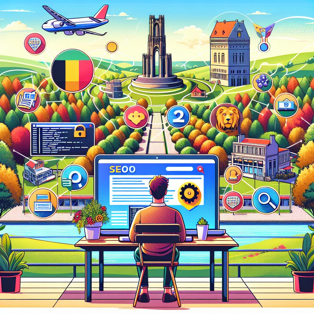 Image illustrant l'optimisation d'un site web pour le SEO local en Wallonie, avec des éléments représentant la technologie et la région.