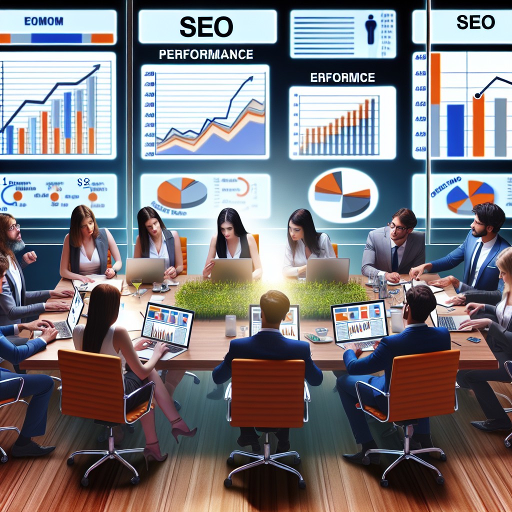 Une PME dynamique travaillant sur des stratégies SEO avec des graphiques de performance à l'écran