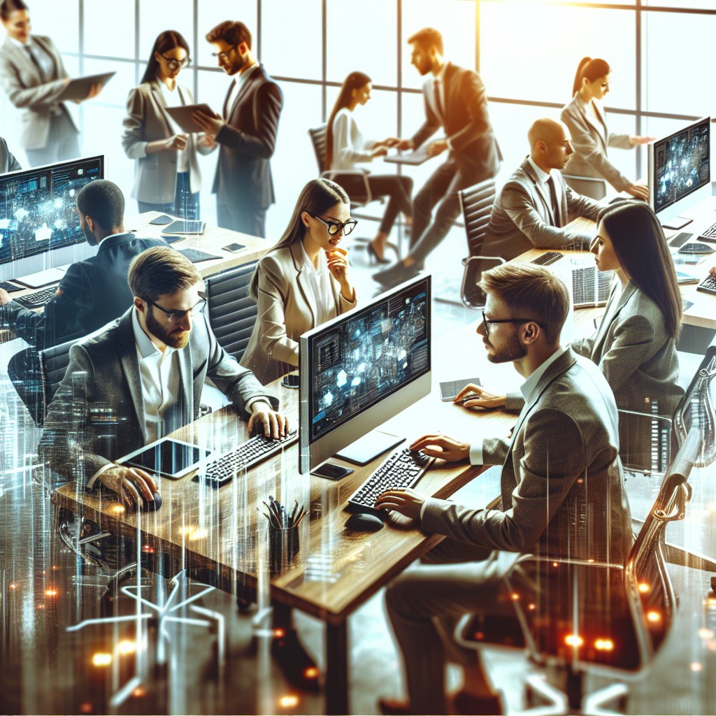 Image de couverture montrant des entrepreneurs travaillant sur des ordinateurs, symbolisant le progrès et la stratégie digitale.
