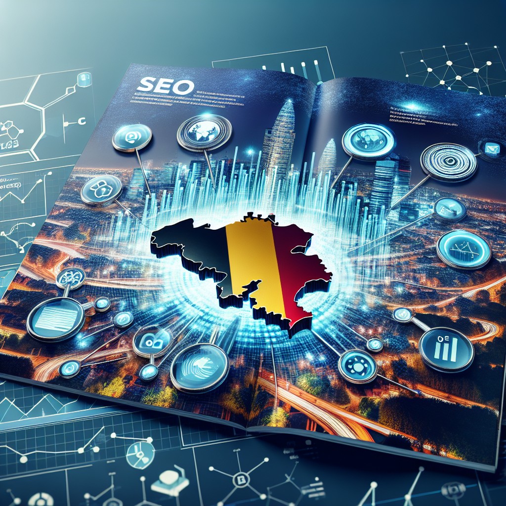 Couverture représentant des graphiques de SEO, des outils numériques et une carte de Belgique, illustrant l'importance du SEO pour les entreprises belges en 2024.