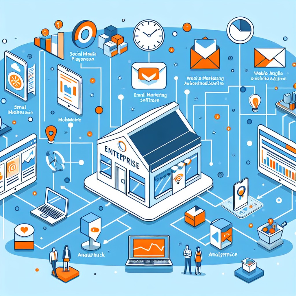 Une illustration représentant divers outils digitaux connectant une PME à son public cible en ligne.