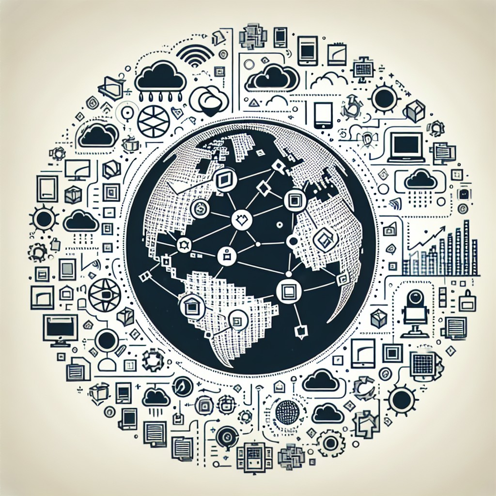 Une illustration représentant la transformation numérique des entreprises, symbolisée par des icônes de technologies digitales entourant un globe terrestre.