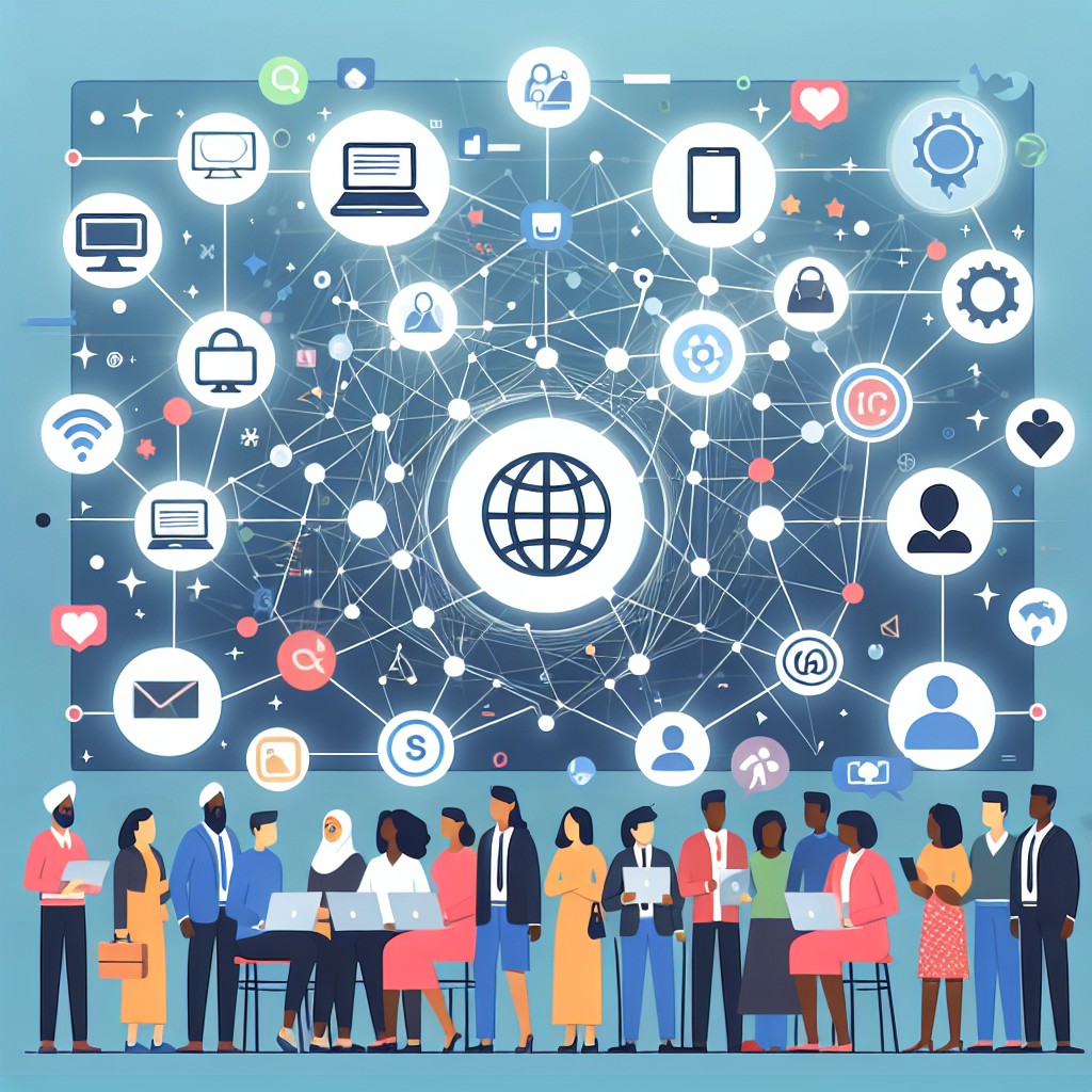 Image de couverture illustrant l'interaction dynamique et moderne des PME avec les réseaux sociaux, mettant en scène un tableau graphique de connexions numériques représentant clients et entreprises.