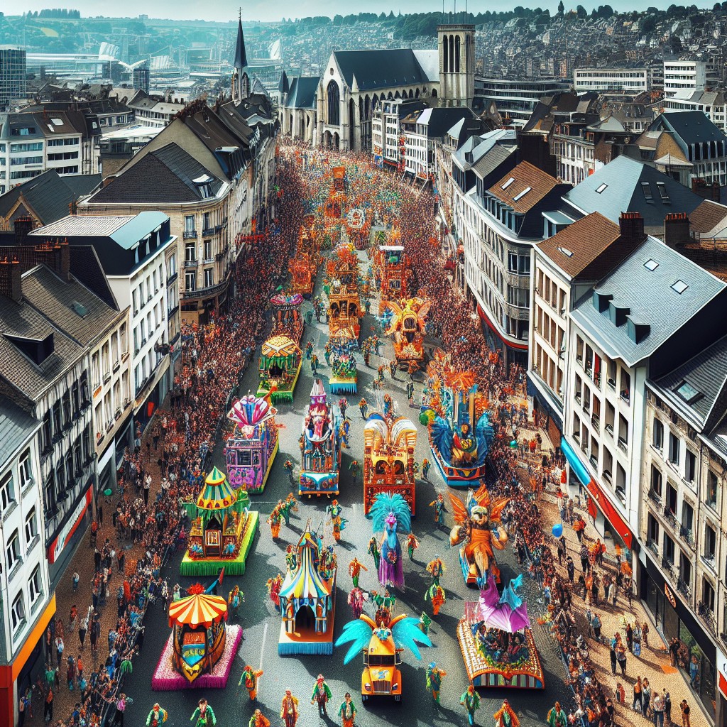 Vue aérienne vibrante d'un défilé coloré aux Fêtes de Wallonie, Namur 2024