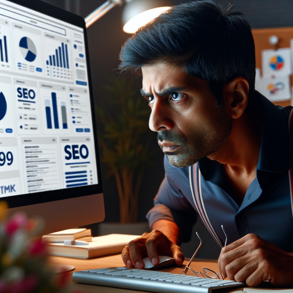Un entrepreneur scrutant un écran d'ordinateur avec un tableau de bord SEO affiché, représentant la stratégie digitale d'une petite entreprise.