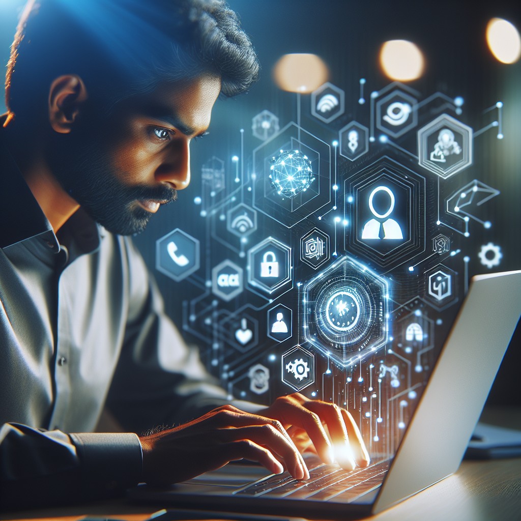 Un professionnel de la technologie sur un ordinateur portable, travaillant sur un site web moderne avec des icônes de technologie et des graphiques.