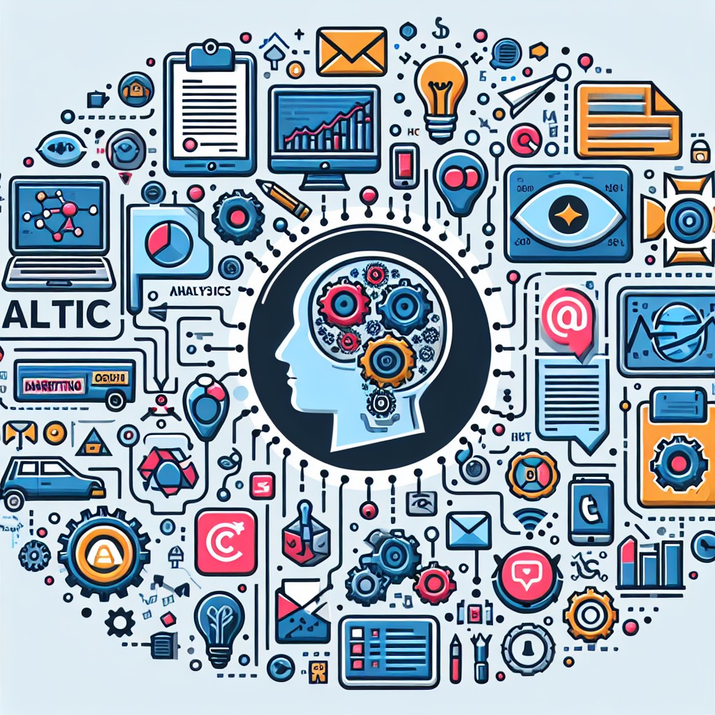 Image de couverture représentant diverses stratégies de marketing digital telles que l'IA, le marketing de contenu et les réseaux sociaux.