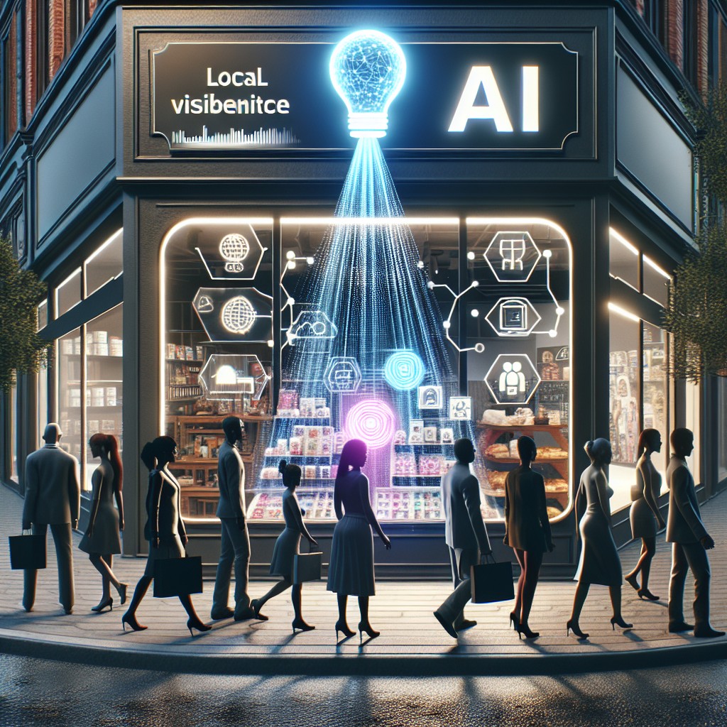 Vue conceptuelle d'une entreprise bénéficiant de la visibilité locale grâce à l'intelligence artificielle.